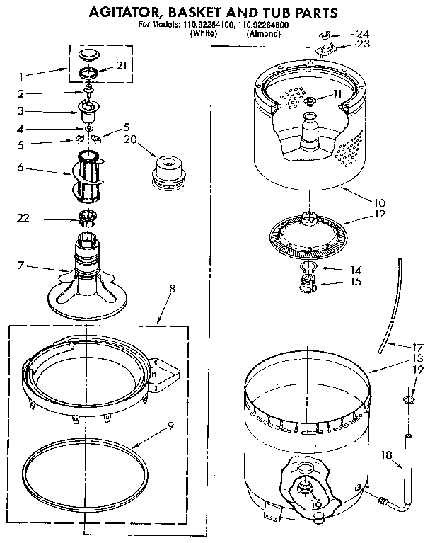 Kenmore 11092284100 agitator, basket and tub diagram