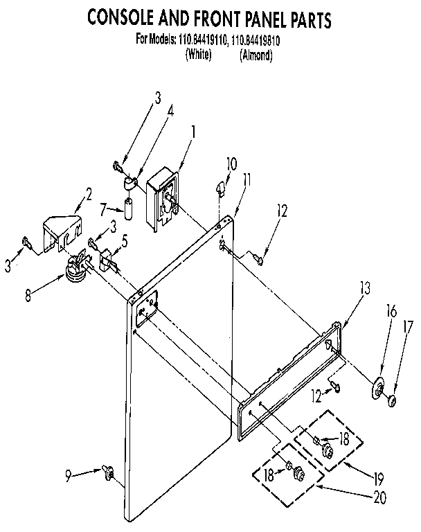 Kenmore 11084419110 console and front panel diagram