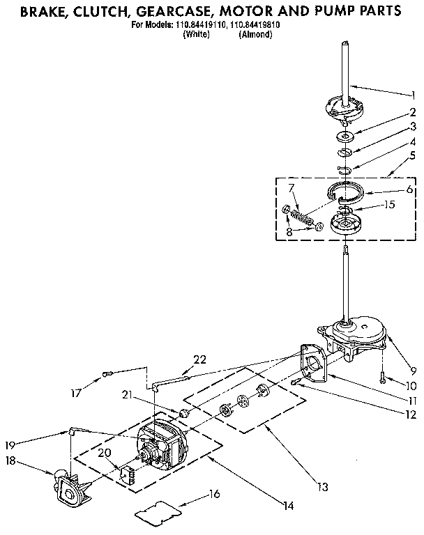 Kenmore 11084419110 brake, clutch, gearcase, motor and pump diagram