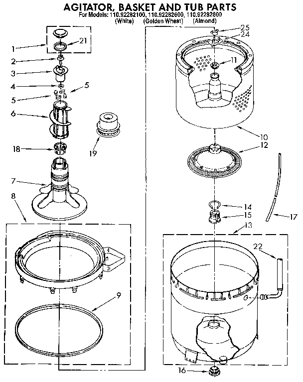 Kenmore 11092282800 agitator, basket and tub diagram
