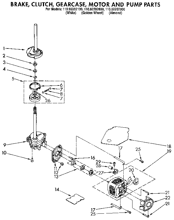 Kenmore 11092282800 brake, clutch, gearcase, motor and pump diagram