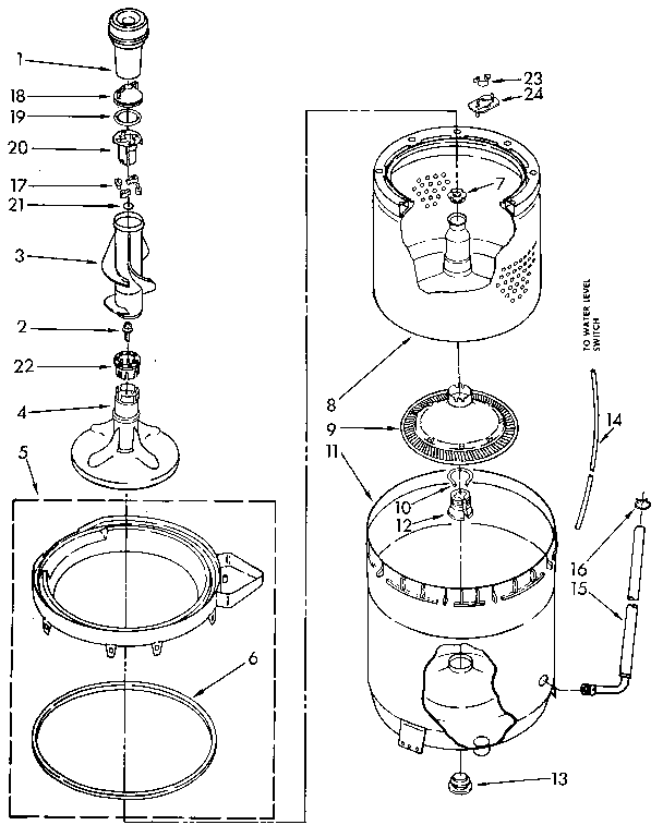 KitchenAid KAWE760WAL3 agitator, basket and tub diagram