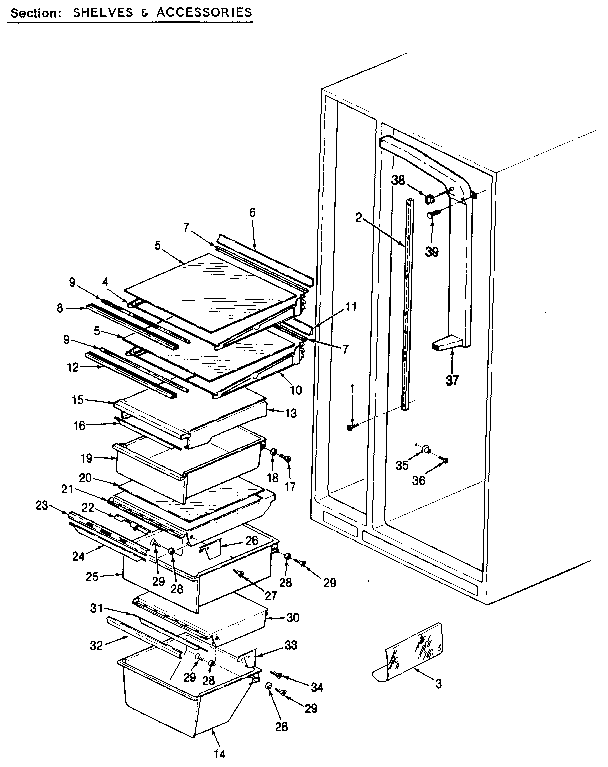 Jenn-Air JRSD246B/MCQ82A refrigerator shelving and drawers diagram