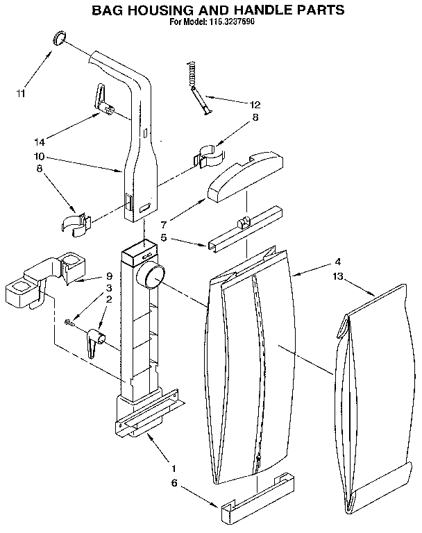 Kenmore 1163237690 handle and bag housing diagram