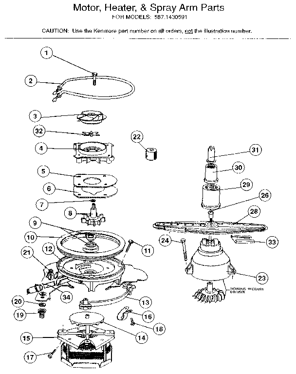 Kenmore 5871430591 motor, heater, and spray arm details diagram