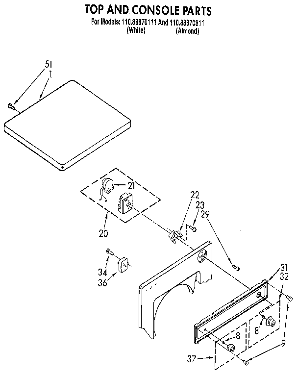 Kenmore 11088870811 top and console diagram