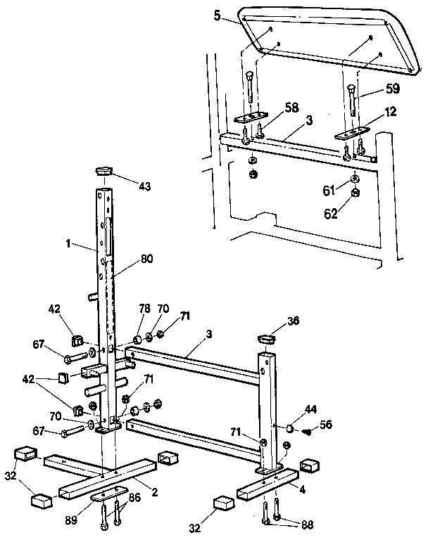 Weider E225 (STANDARD CYLINDER) frame & backrest assemblies diagram