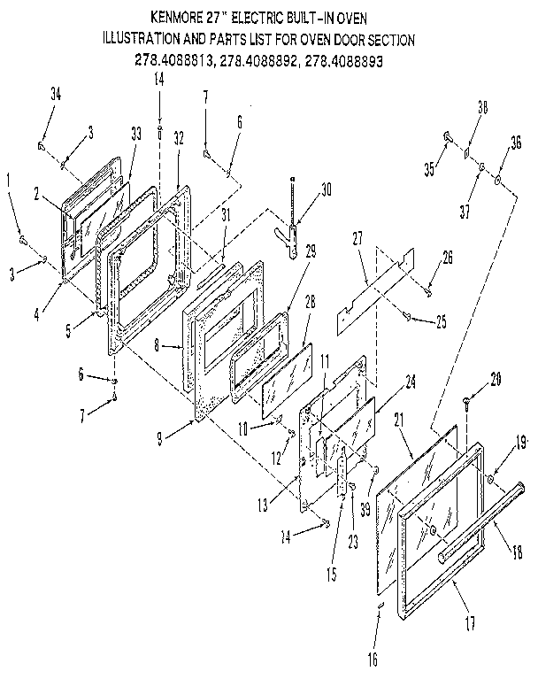 Kenmore 2784088893 oven door section diagram