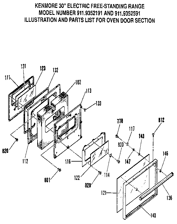 Kenmore 9119352591 oven door section diagram