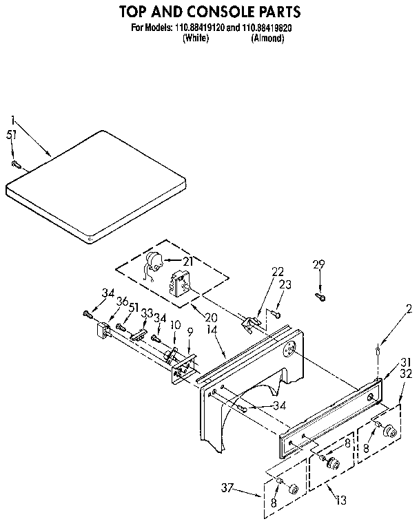 Kenmore 11088419820 top and console diagram