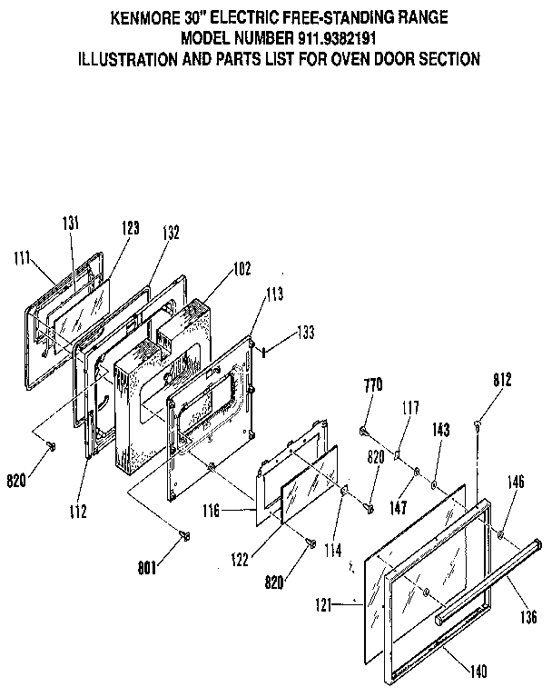 Kenmore 9119382191 oven door section diagram