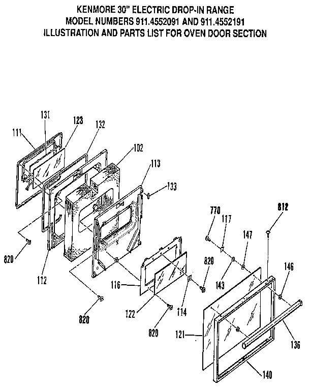Kenmore 9114552091 oven door section diagram