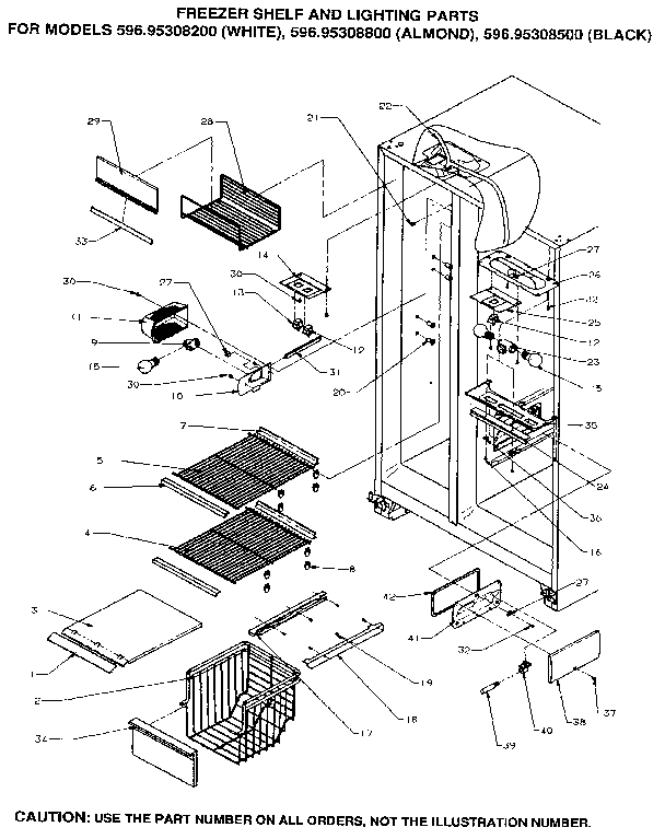 Kenmore 59695308200 freezer shelf and lighting diagram