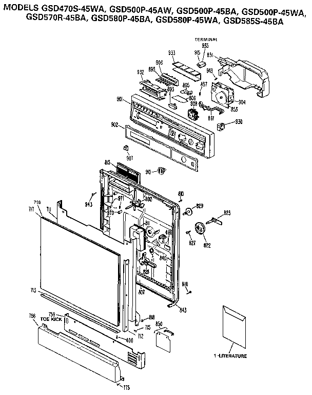 GE GSD500P-45AW control panel and door diagram