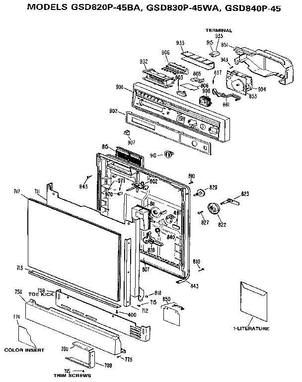 GE GSD840P-45 control panel and door diagram