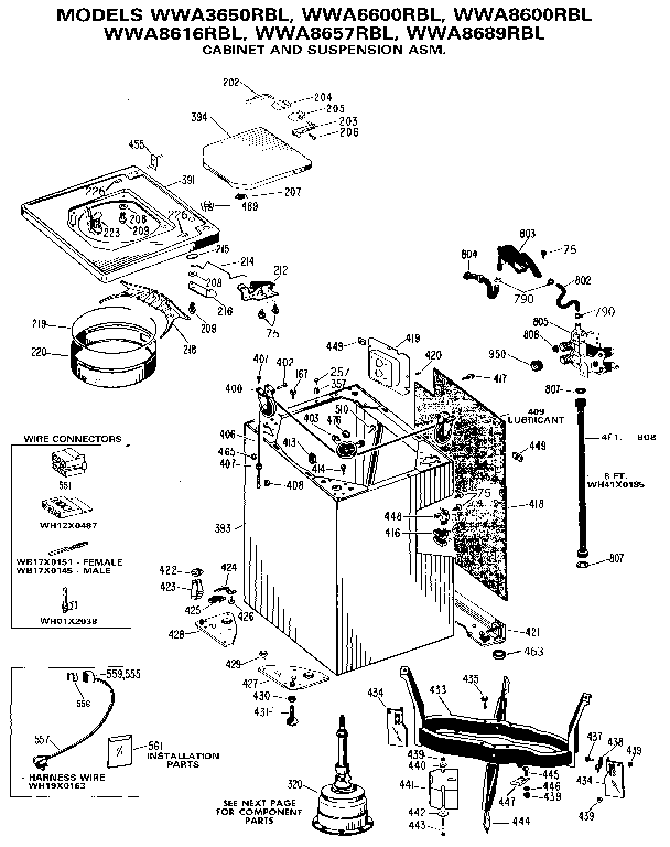 GE WWA3650RBL cabinet and suspension asm. diagram
