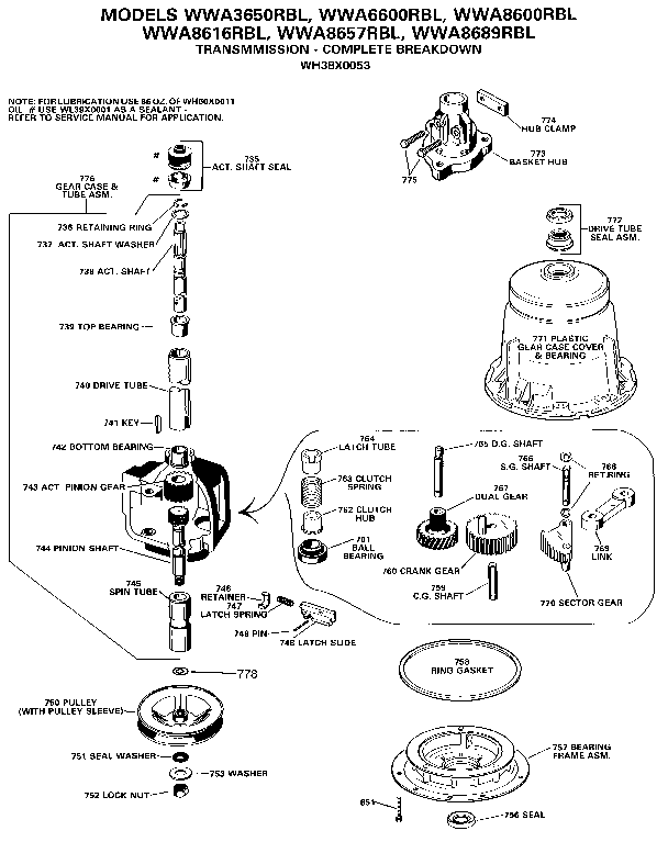 GE WWA3650RBL transmission-complete breakdown diagram