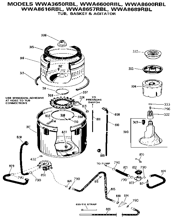 GE WWA3650RBL tub, basket & agitator diagram