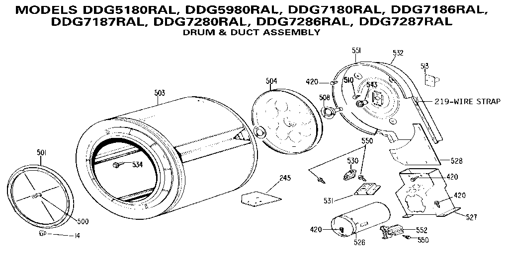GE DDG7286RAL drum & duct assembly diagram