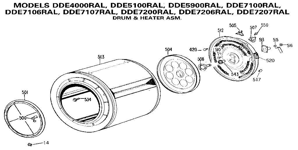 GE DDE5100RAL drum & heater asm. diagram