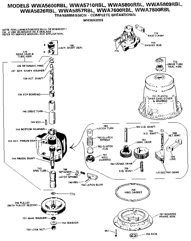 GE WWA5826RBL transmmission - complete breakdown diagram