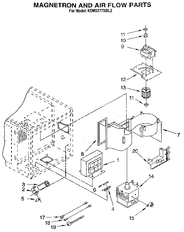 KitchenAid KEMS377XBL2 magnetron and air flow diagram