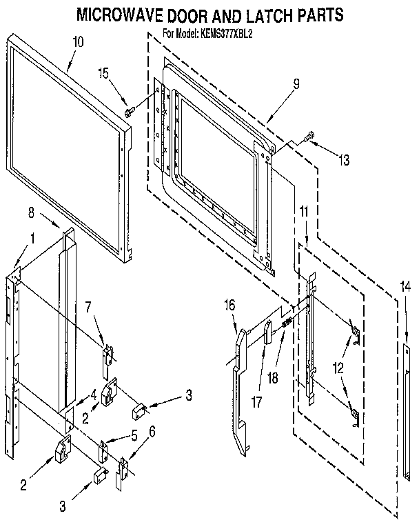 KitchenAid KEMS377XBL2 microwave door and latch diagram