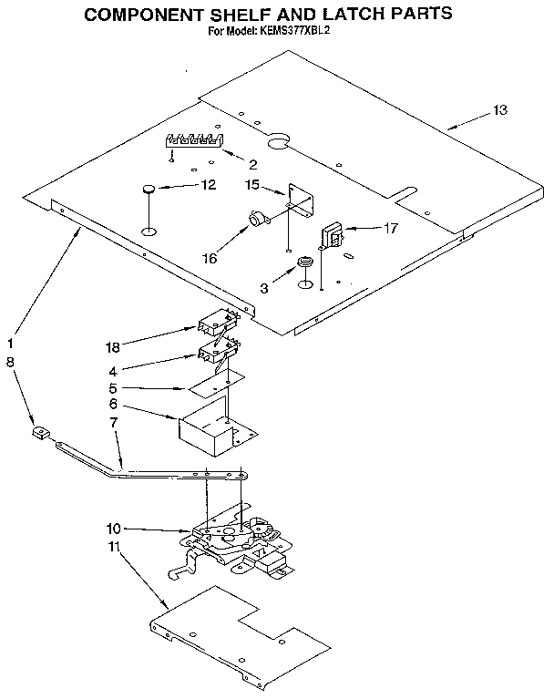 KitchenAid KEMS377XBL2 component shelf and latch diagram