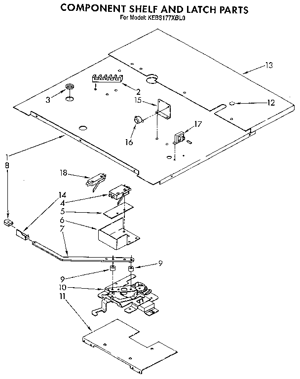 KitchenAid KEBS177XBL0 component shelf and latch diagram