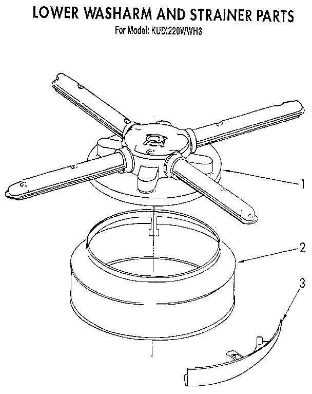 KitchenAid KUDI220WWH3 lower washarm and strainer diagram