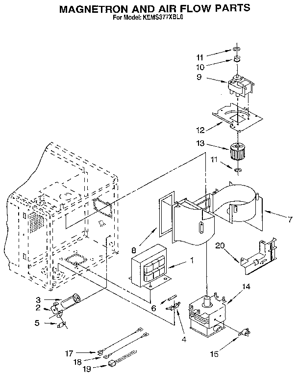 KitchenAid KEMS377XBL0 magnetron and air flow diagram