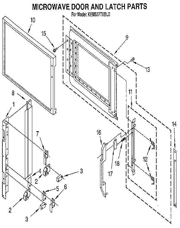 KitchenAid KEMS377XBL0 microwave door and latch diagram