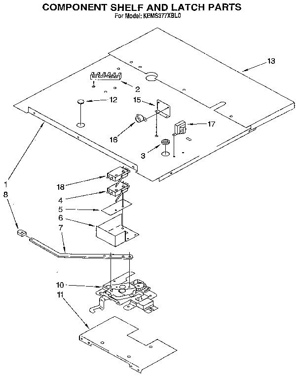KitchenAid KEMS377XBL0 component shelf and latch diagram