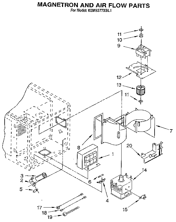 KitchenAid KEMS377XBL1 magnetron and air flow diagram