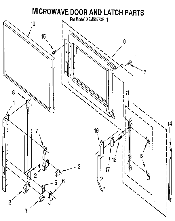 KitchenAid KEMS377XBL1 microwave door and latch diagram