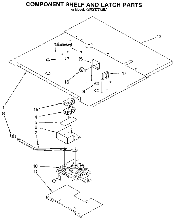 KitchenAid KEMS377XBL1 component shelf and latch diagram