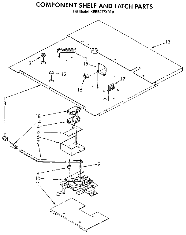 KitchenAid KEBS277XBL0 component shelf and latch diagram