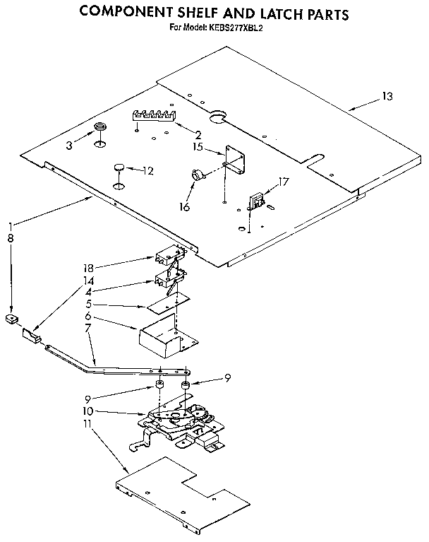 KitchenAid KEBS277XBL2 component shelf and latch diagram
