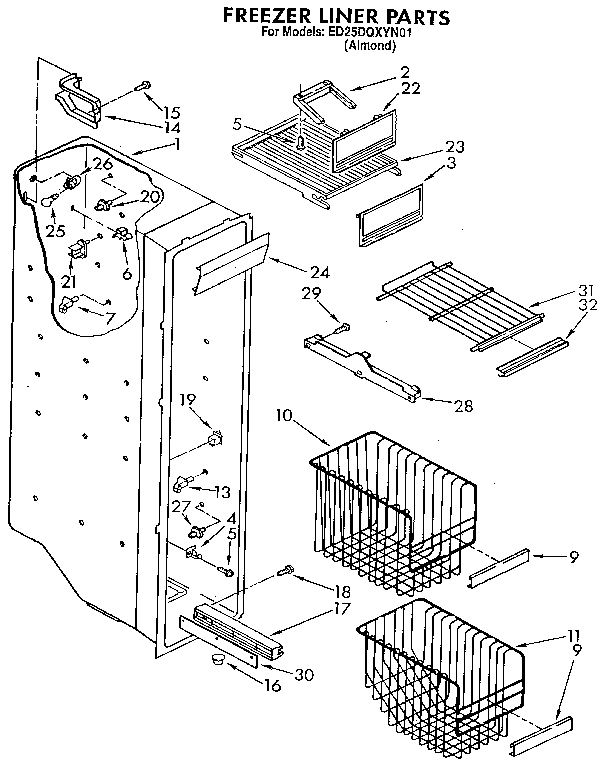 Whirlpool ED25DQXYN01 freezer liner diagram