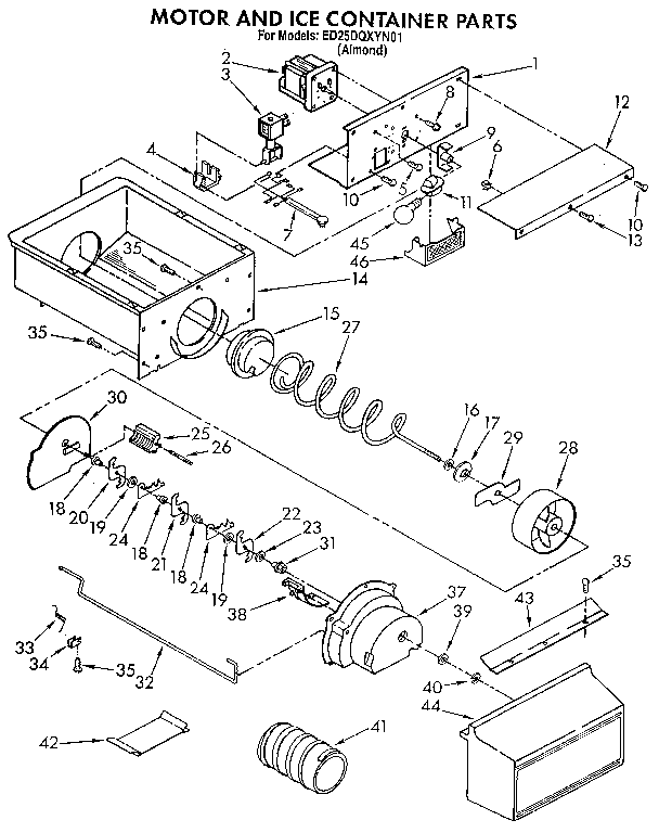 Whirlpool ED25DQXYN01 motor and ice container diagram