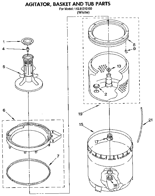 Kenmore 11091310100 agitator, basket and tub diagram