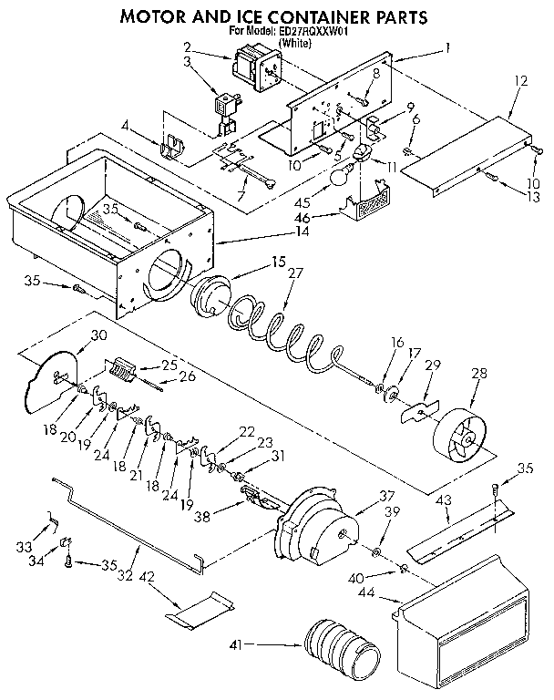Whirlpool ED27RQXXW01 motor and ice container diagram
