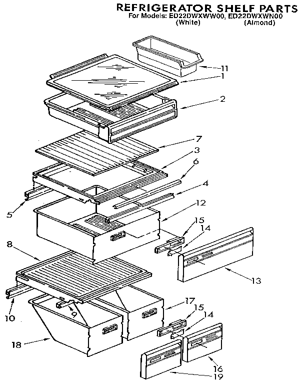 Whirlpool ED22DWXWW00 refrigerator shelf diagram
