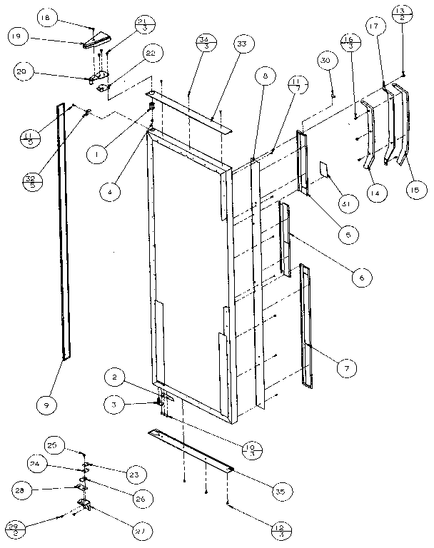 Amana 36501-P1121705W refrigerator door, hinge, and trim diagram