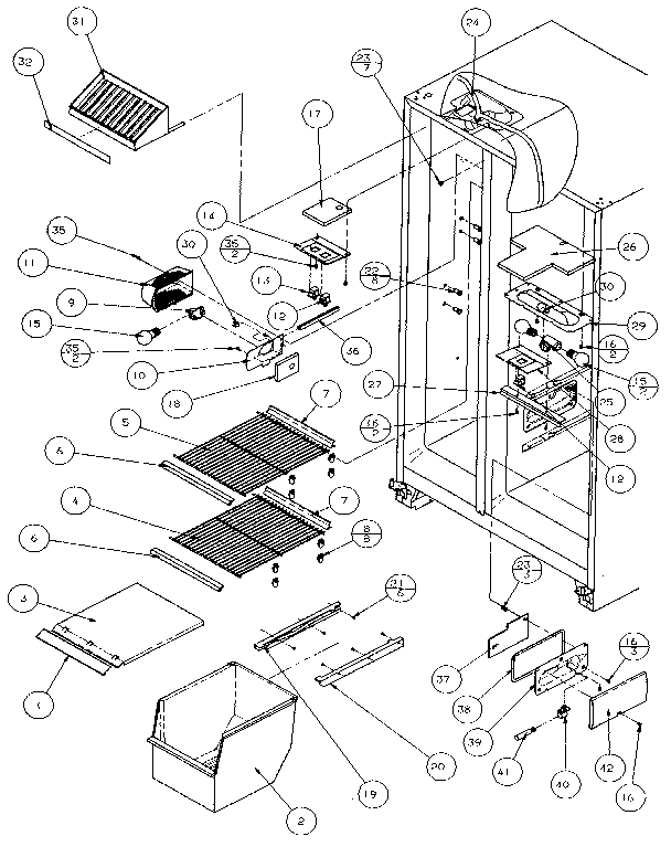 Amana 36501-P1121705W freezer shelving and refrigerator light diagram