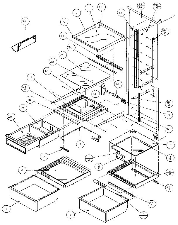 Amana 36501-P1121705W refrigerator shelving and drawers diagram