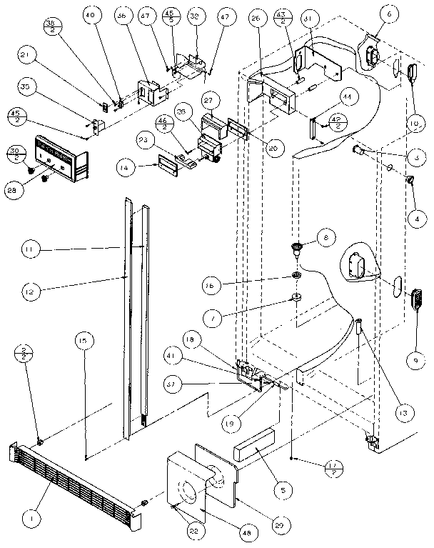 Amana 36501-P1121705W refrigerator/freezer controls and cabinet diagram