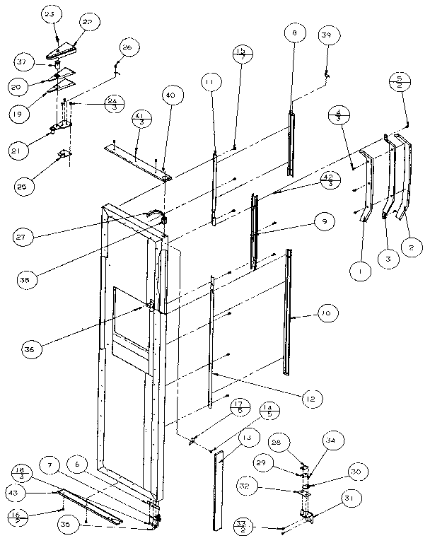 Amana 36501-P1121706W freezer door, hinge, and trim diagram
