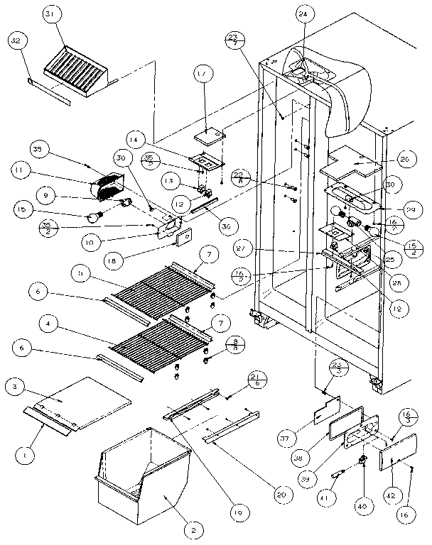 Amana 36501-P1121706W freezer shelving and refrigerator light diagram