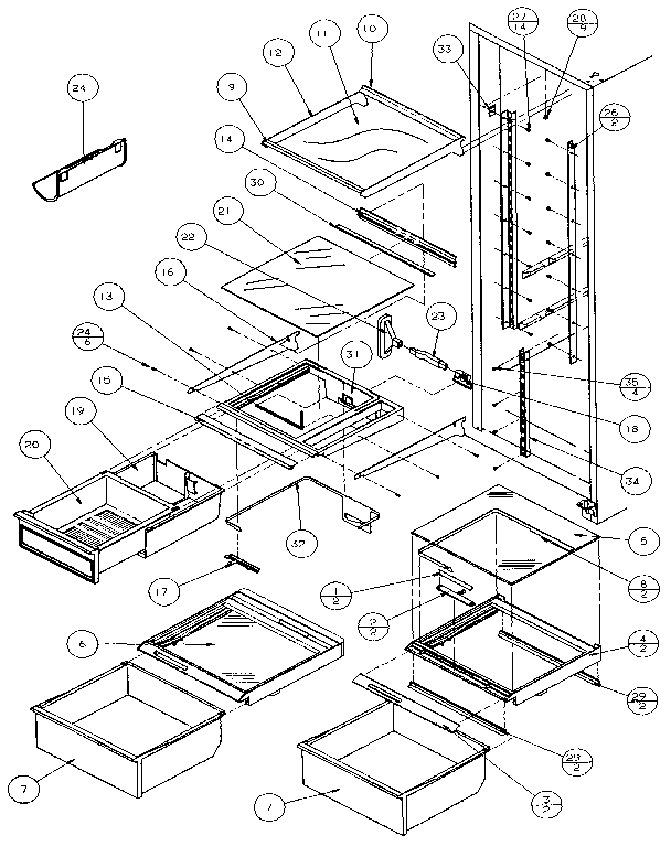 Amana 36501-P1121706W refrigerator shelving and drawers diagram